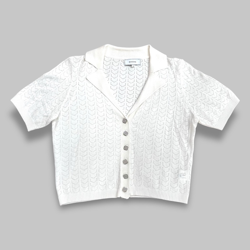 Rihoas Cream Short Sleeve Knit Button-Down Top - Women’s Medium